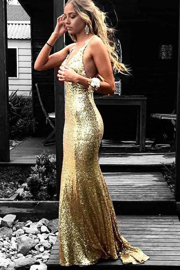 Vestido de fiesta de sirena con escote en V, espalda descubierta, lentejuelas doradas y apliques